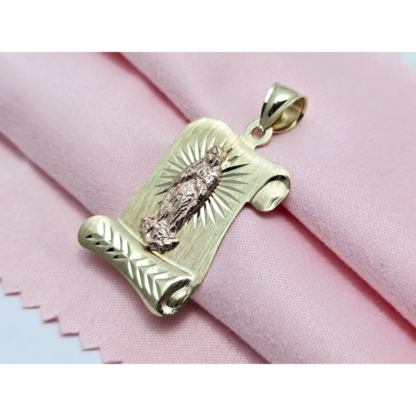 14K Two Tone Gold Religious Scroll Saint Mary Charm Pendant