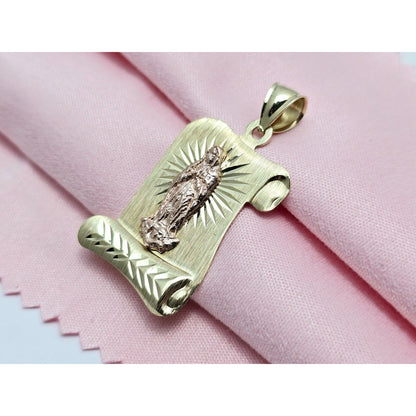 14K Two Tone Gold Religious Scroll Saint Mary Charm Pendant