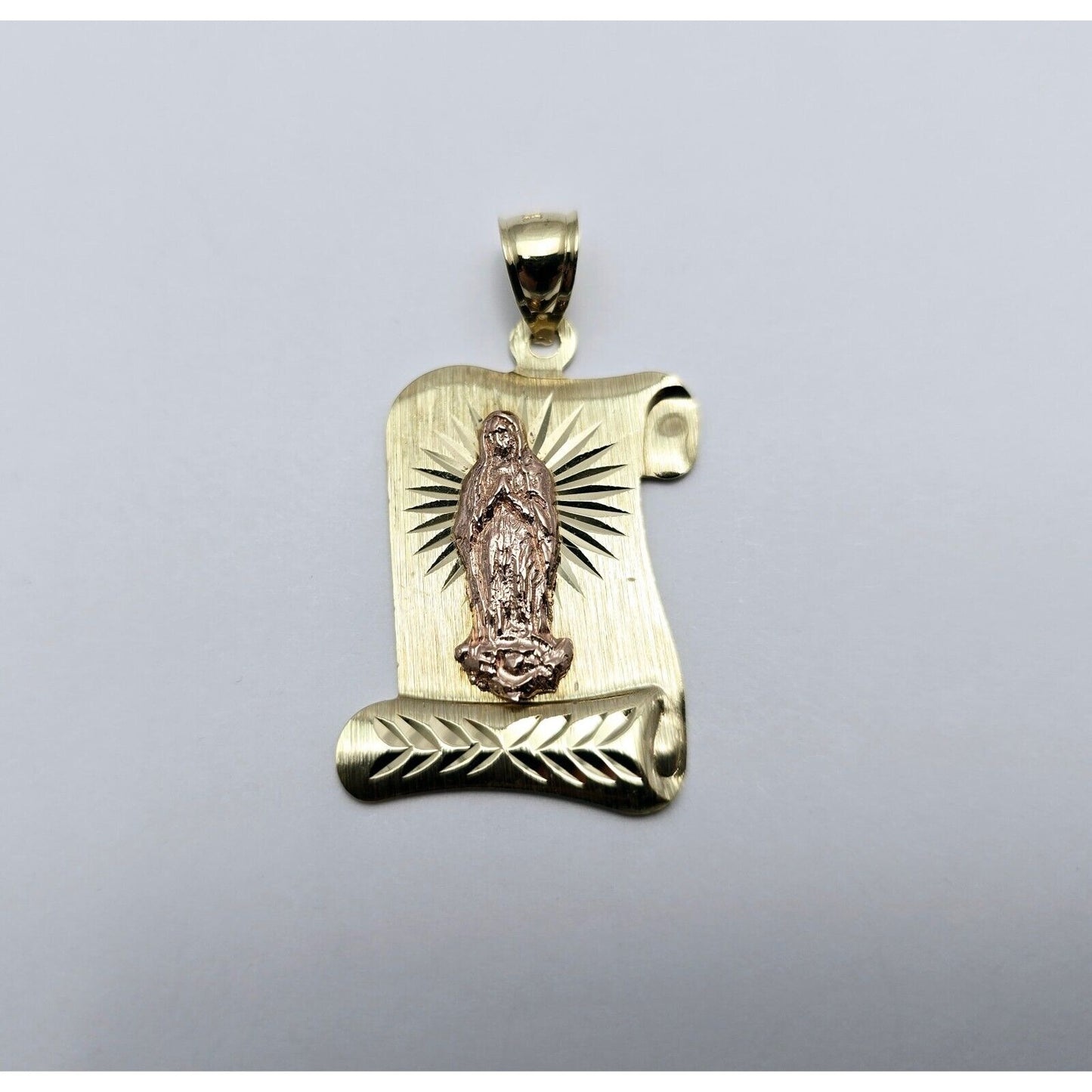 14K Two Tone Gold Religious Scroll Saint Mary Charm Pendant