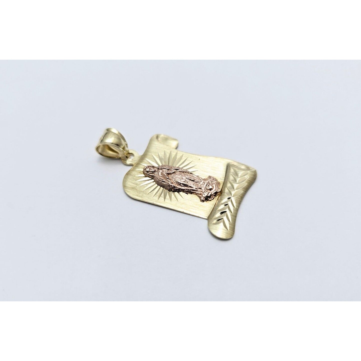 14K Two Tone Gold Religious Scroll Saint Mary Charm Pendant