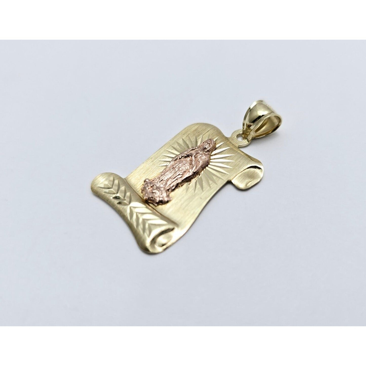 14K Two Tone Gold Religious Scroll Saint Mary Charm Pendant