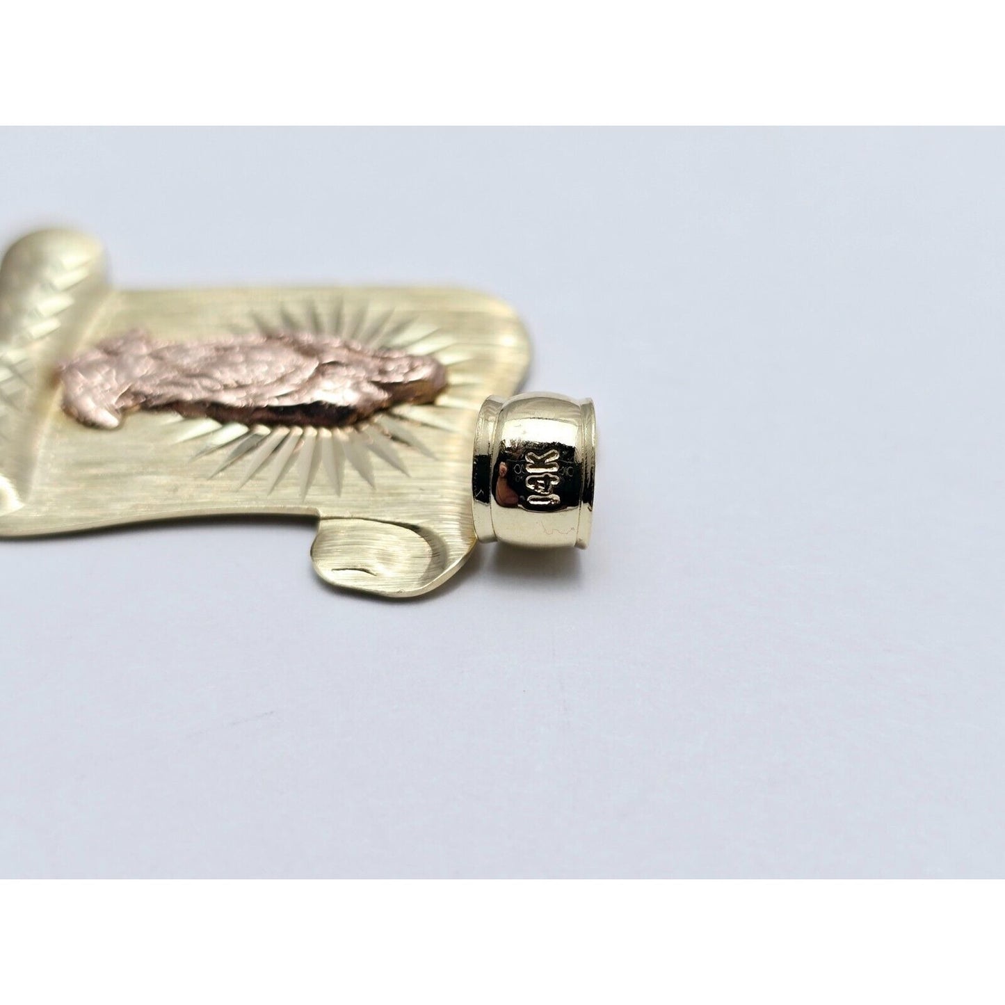 14K Two Tone Gold Religious Scroll Saint Mary Charm Pendant