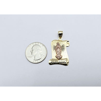 14K Two Tone Gold Religious Scroll Saint Mary Charm Pendant