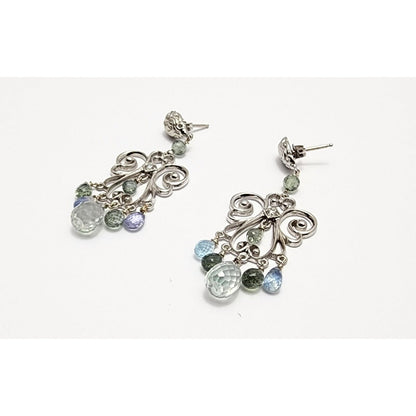 14K White Gold Diamond & Multi Color Topaz Dangle Drop Stud Earrings