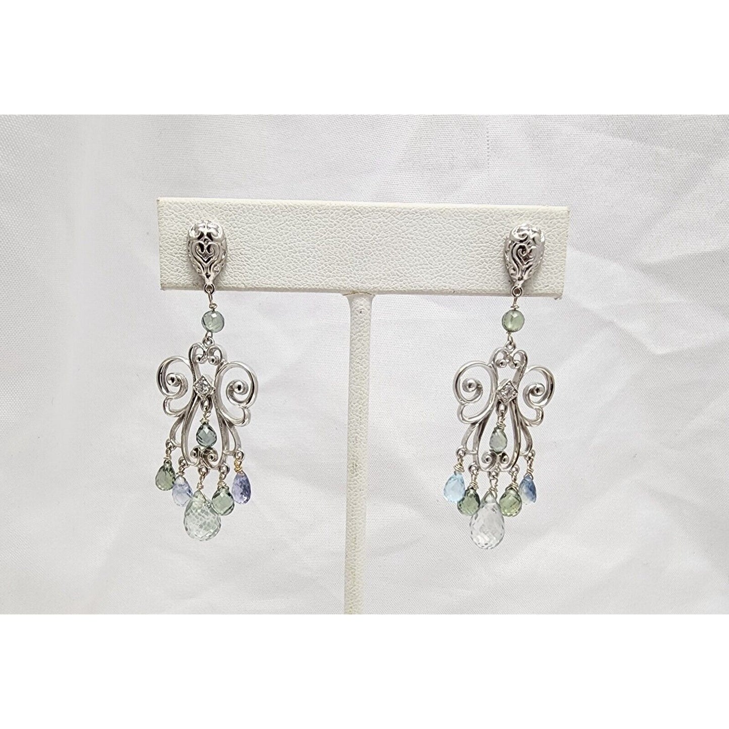 14K White Gold Diamond & Multi Color Topaz Dangle Drop Stud Earrings