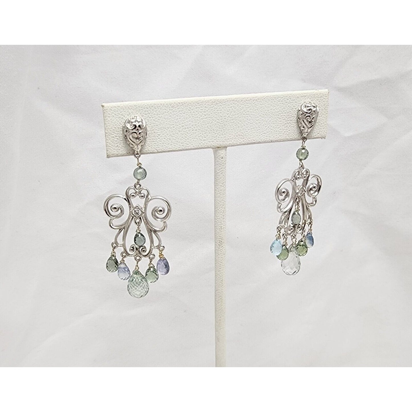 14K White Gold Diamond & Multi Color Topaz Dangle Drop Stud Earrings