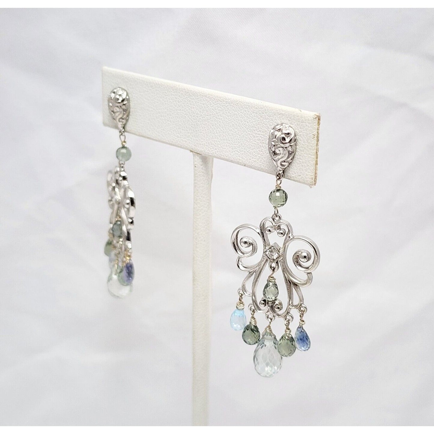 14K White Gold Diamond & Multi Color Topaz Dangle Drop Stud Earrings