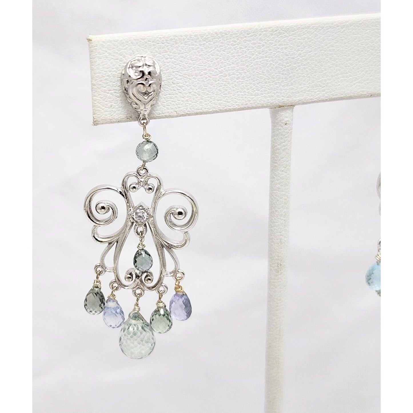 14K White Gold Diamond & Multi Color Topaz Dangle Drop Stud Earrings