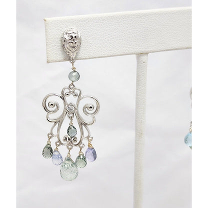 14K White Gold Diamond & Multi Color Topaz Dangle Drop Stud Earrings