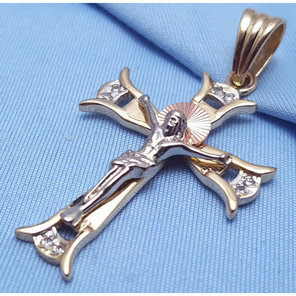 14K Solid Two Tone Gold Jesus on Cross Cubic Zirconia Charm Pendant