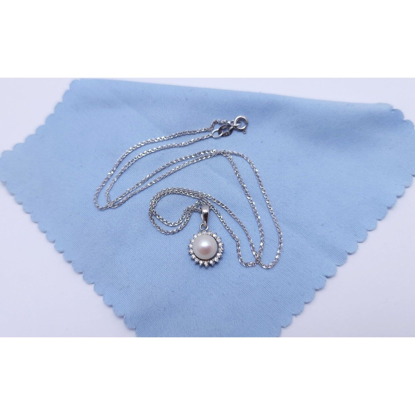 14K White Gold Pearl & Diamond Charm Pendant Link Chain Necklace