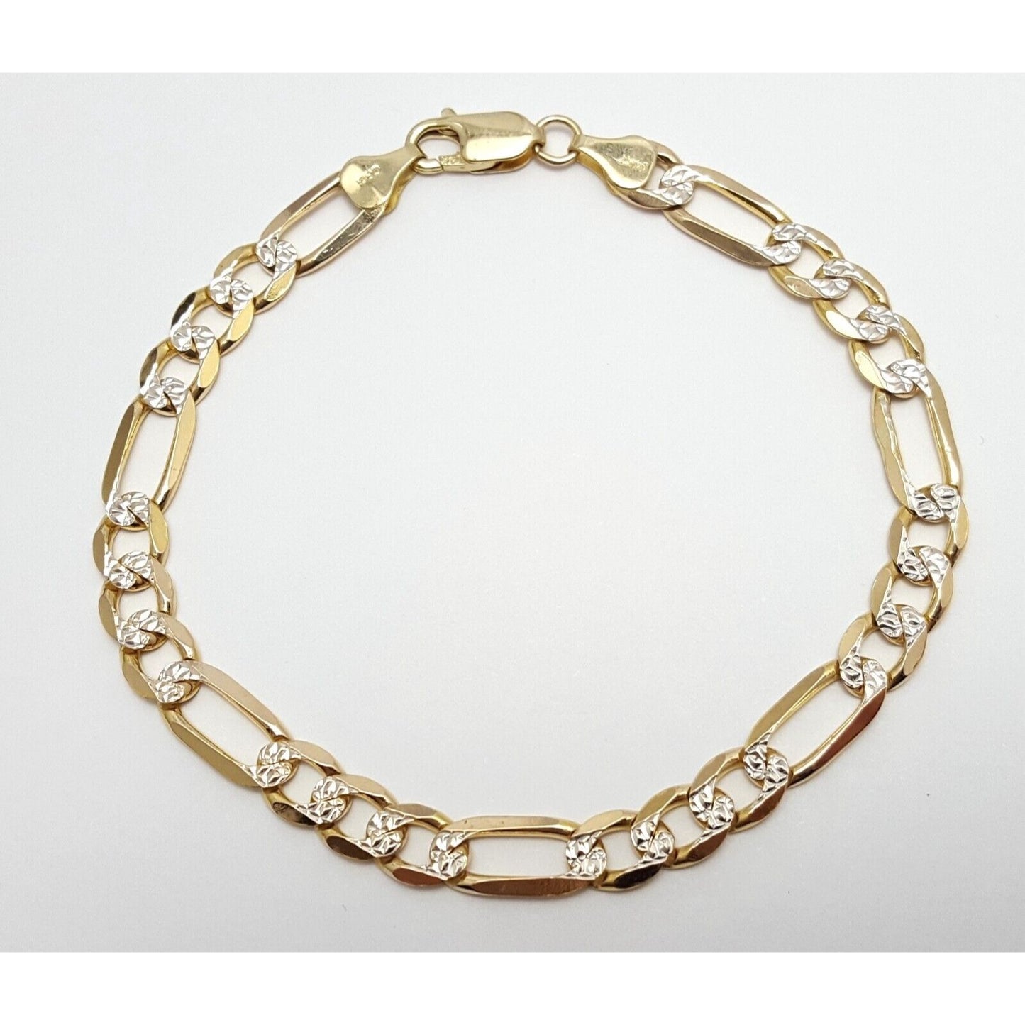 14K Solid Multi Tone Gold Diamond Cut Figaro Link Bracelet