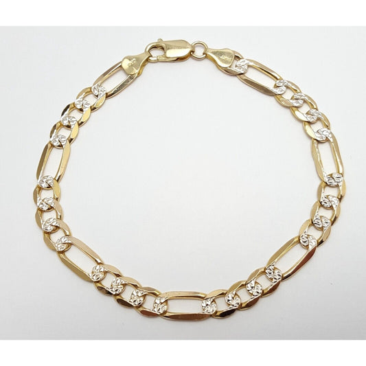 14K Solid Multi Tone Gold Diamond Cut Figaro Link Bracelet