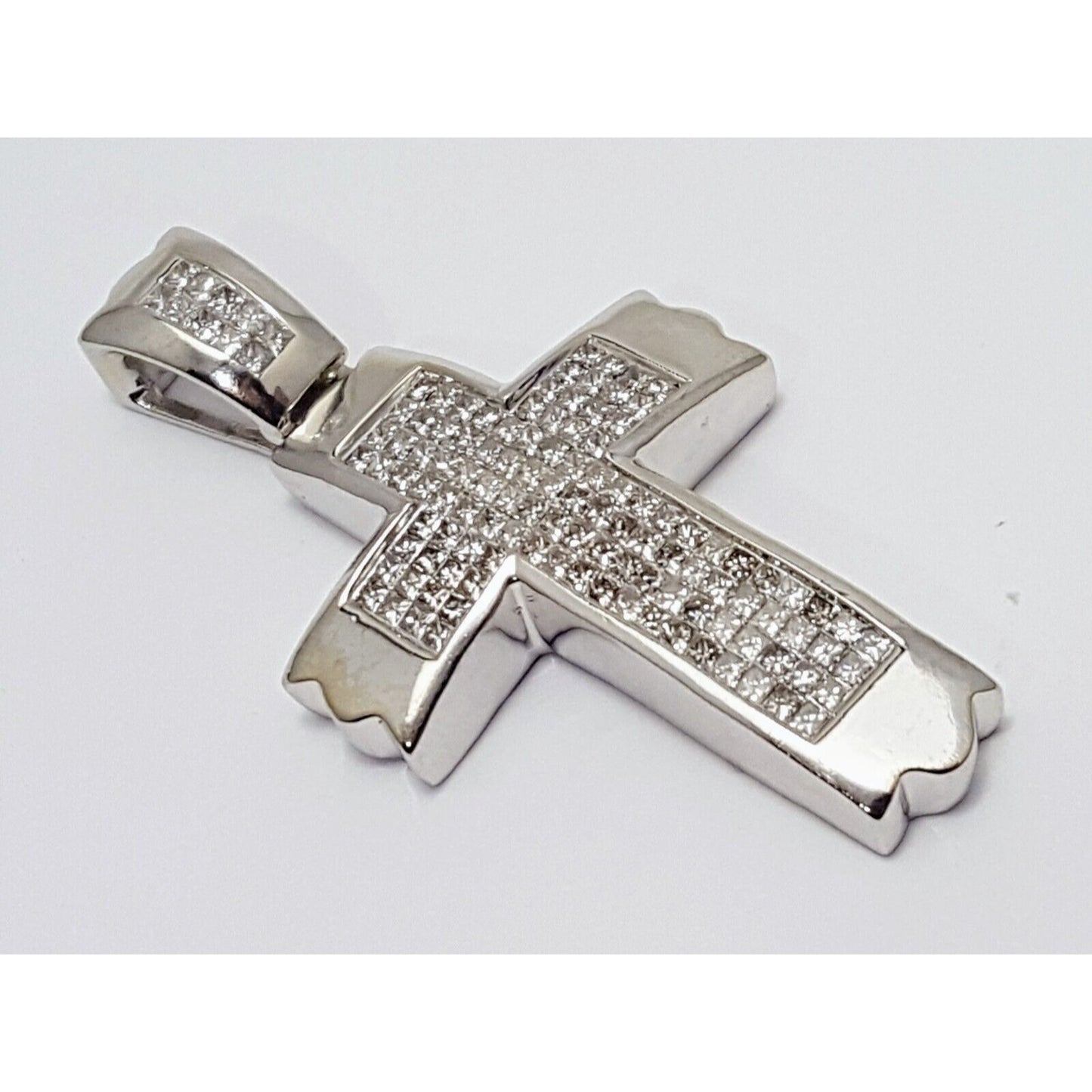 14K Solid White Gold Princess Cut Invisible Setting Diamond Cross Charm Pendant