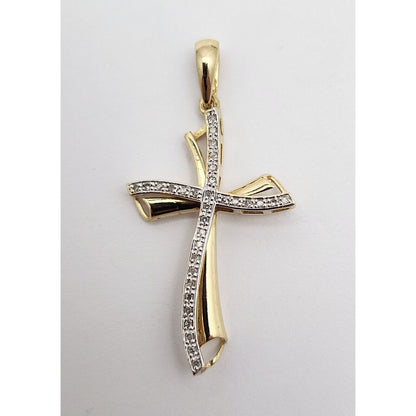 14K Solid Two Tone Gold Diamond Cross Charm Pendant