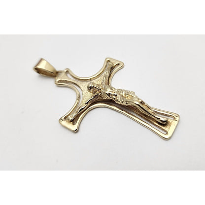 14K Solid Yellow Gold Designer Religious Jesus on Cross Charm Pendant