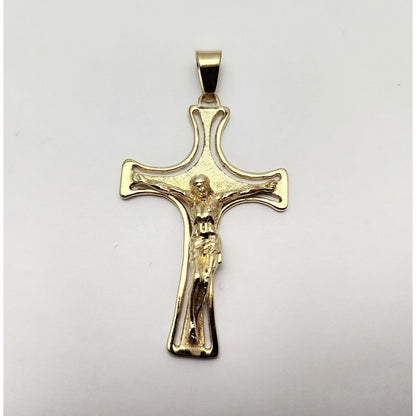 14K Solid Yellow Gold Designer Religious Jesus on Cross Charm Pendant