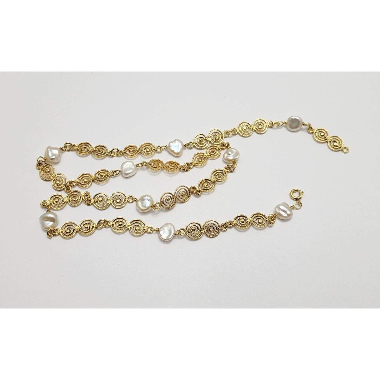 Vintage 18K Yellow Gold Filigree Pearl Link Chain Necklace