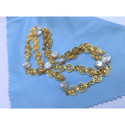 Vintage 18K Yellow Gold Filigree Pearl Link Chain Necklace