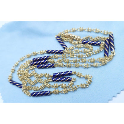 18K Yellow Gold Blue Enamel Link Chain Necklace