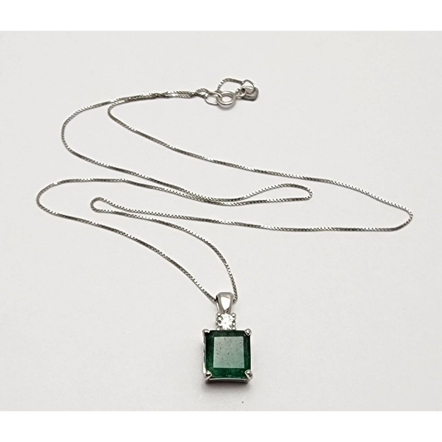 14K White Gold Emerald & Diamond Box Link Chain Necklace