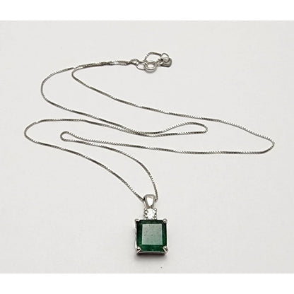 14K White Gold Emerald & Diamond Box Link Chain Necklace