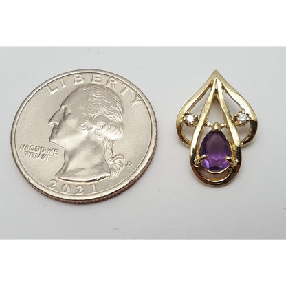 14K Solid Yellow Gold Amethyst & Diamond Drop Charm Pendant