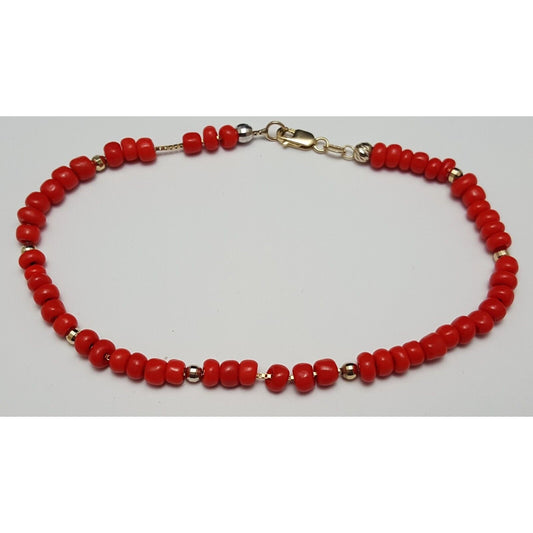 14K Solid Yellow Gold Red Coral Box Link Bracelet