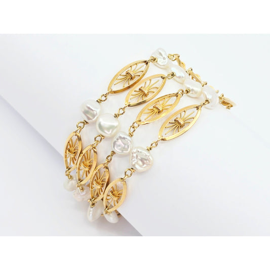 Vintage 18K Yellow Gold Multi Strand Layered Pearl Chain Link Bracelet