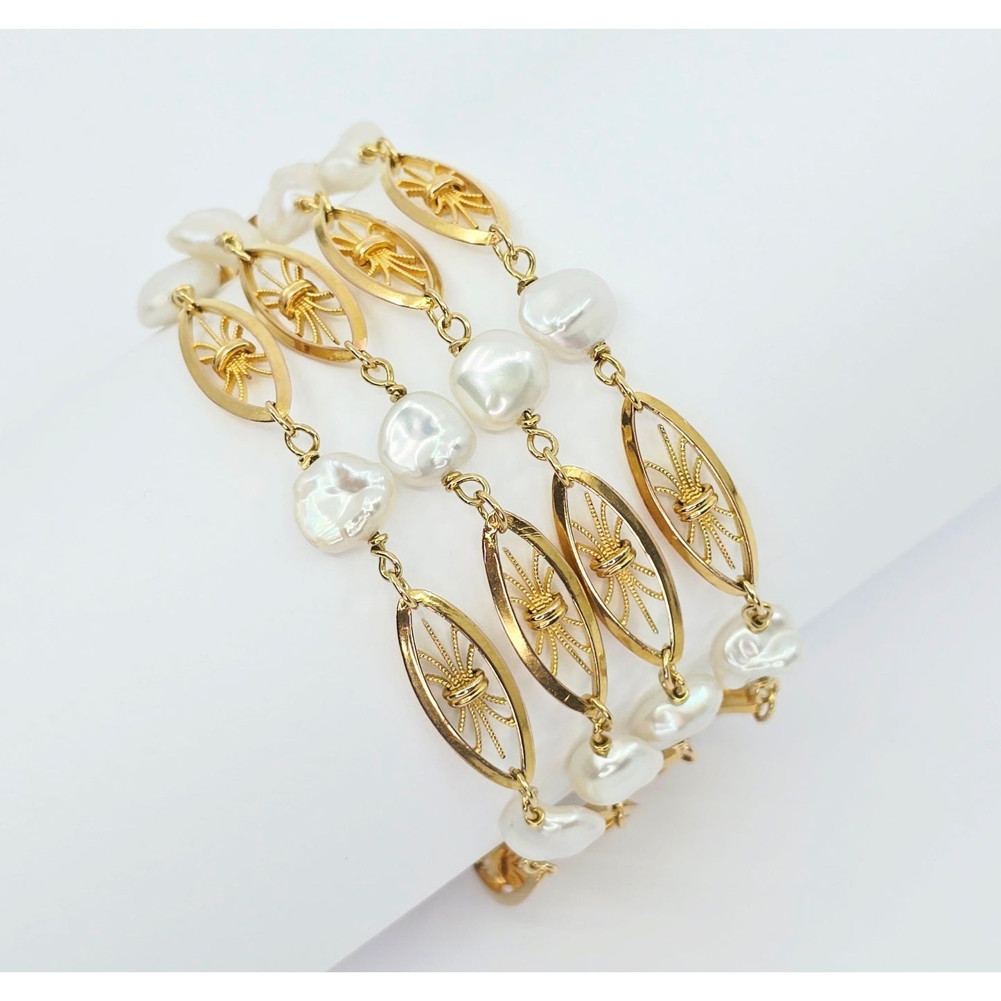 Vintage 18K Yellow Gold Multi Strand Layered Pearl Chain Link Bracelet
