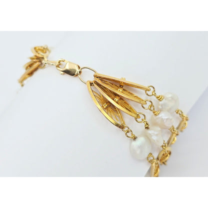Vintage 18K Yellow Gold Multi Strand Layered Pearl Chain Link Bracelet