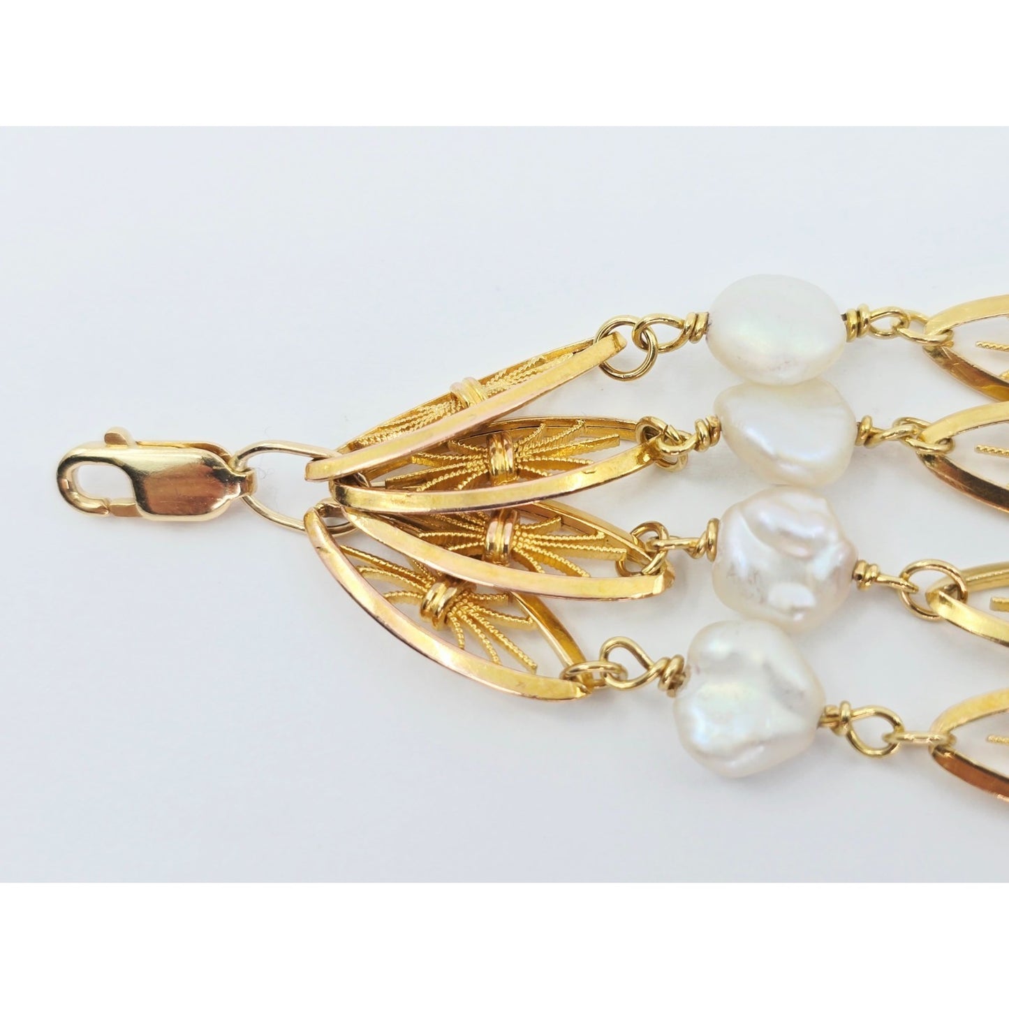Vintage 18K Yellow Gold Multi Strand Layered Pearl Chain Link Bracelet