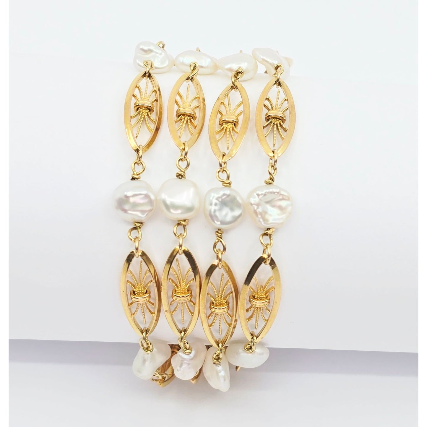 Vintage 18K Yellow Gold Multi Strand Layered Pearl Chain Link Bracelet