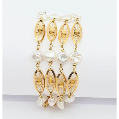 Vintage 18K Yellow Gold Multi Strand Layered Pearl Chain Link Bracelet
