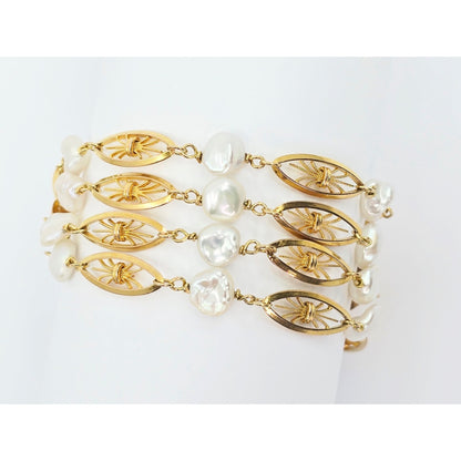 Vintage 18K Yellow Gold Multi Strand Layered Pearl Chain Link Bracelet