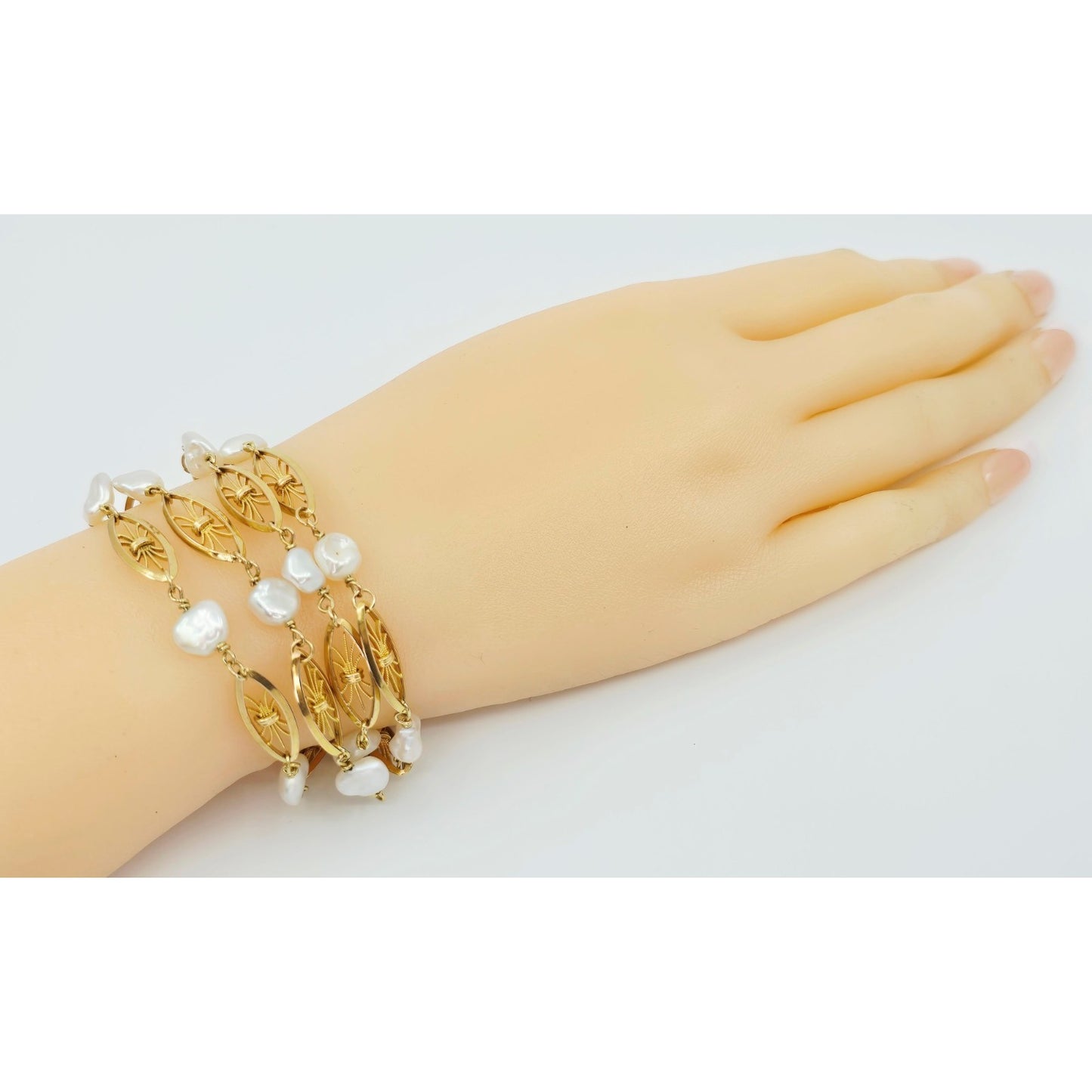 Vintage 18K Yellow Gold Multi Strand Layered Pearl Chain Link Bracelet