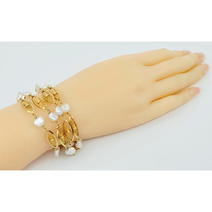 Vintage 18K Yellow Gold Multi Strand Layered Pearl Chain Link Bracelet