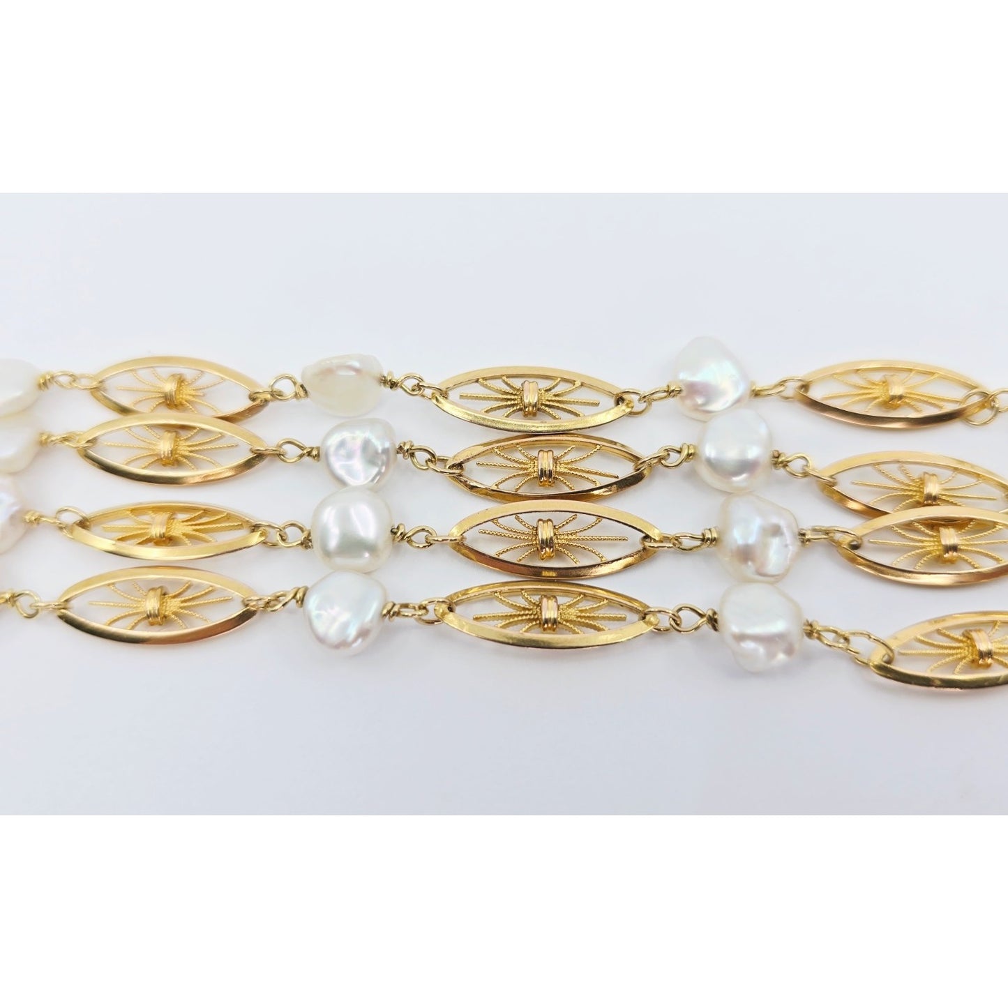Vintage 18K Yellow Gold Multi Strand Layered Pearl Chain Link Bracelet