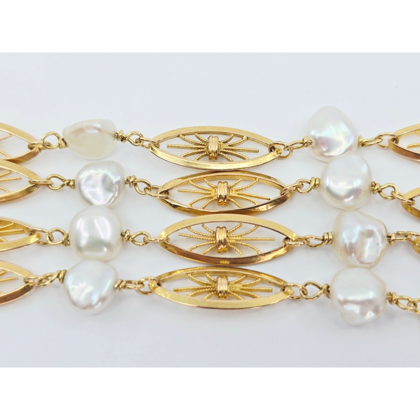 Vintage 18K Yellow Gold Multi Strand Layered Pearl Chain Link Bracelet