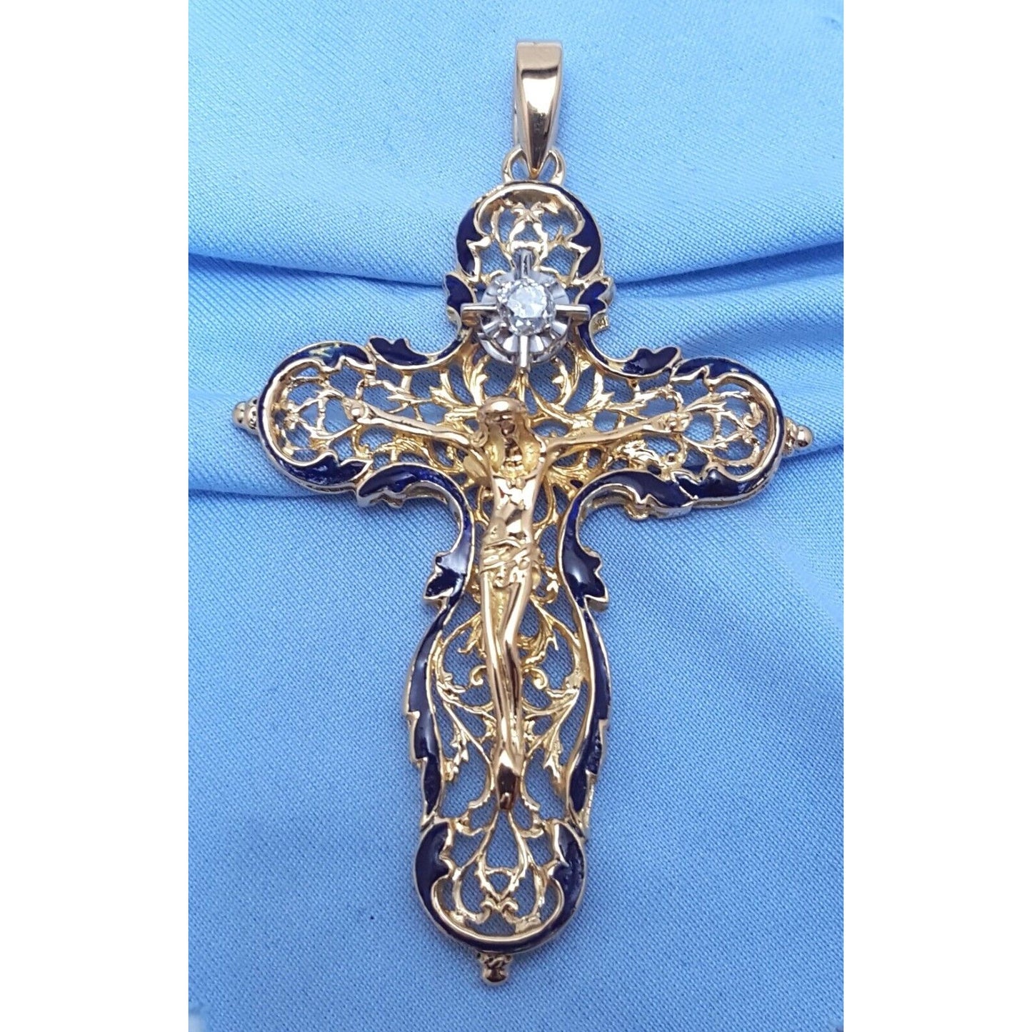 18K Solid Yellow Gold Religious Jesus Cross Diamond Enamel Charm Pendant