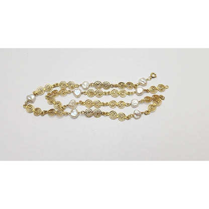 Vintage 18K Yellow Gold Filigree Pearl Link Chain Necklace