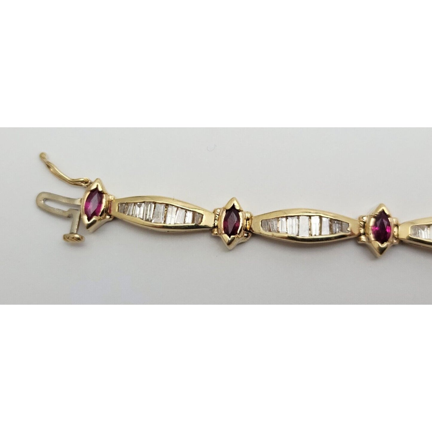 14K Solid Yellow Gold Designer Ruby & Diamond Tennis Link Bracelet