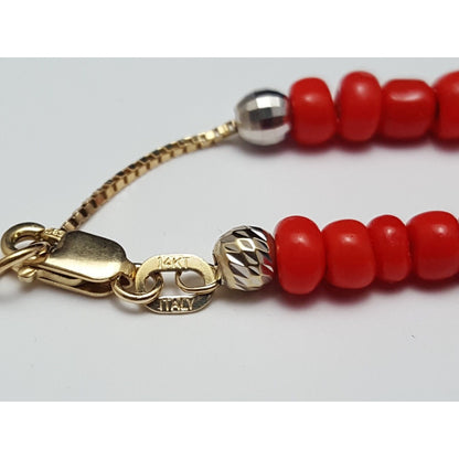 14K Solid Yellow Gold Red Coral Box Link Bracelet