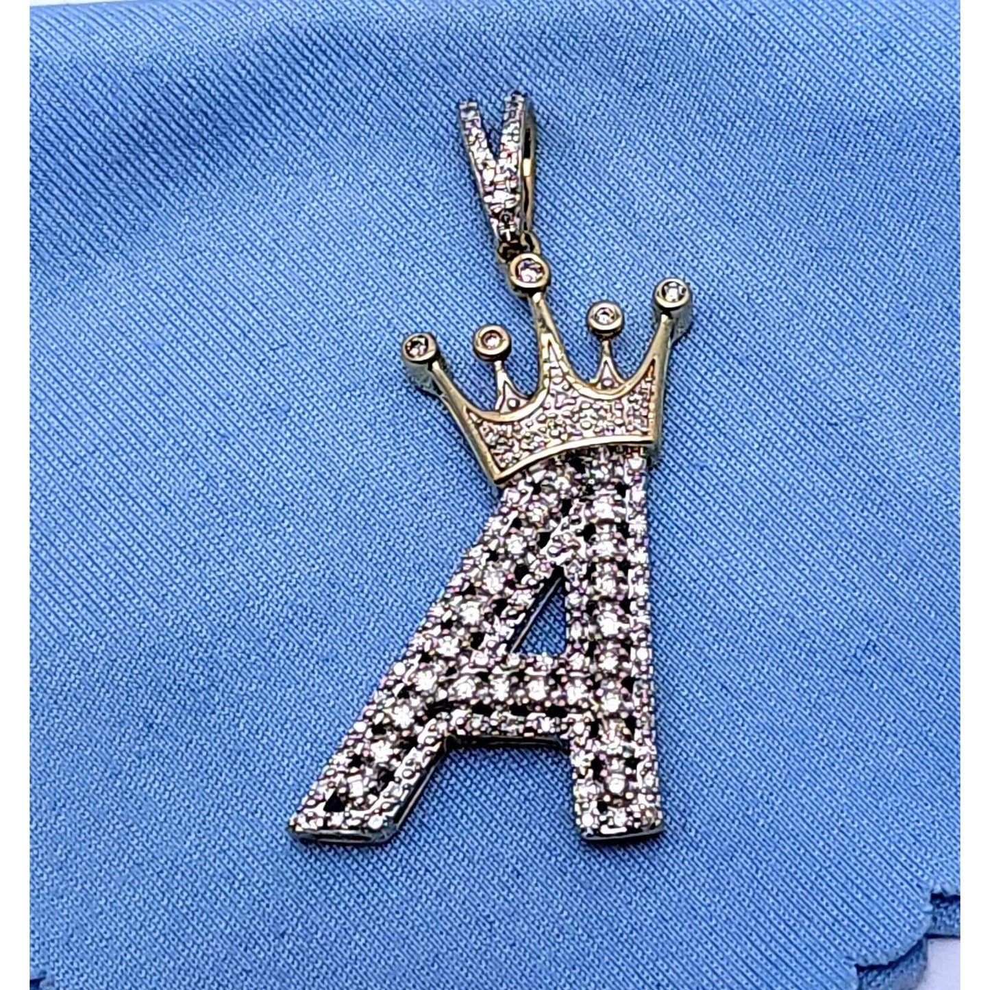 10K Solid Two Tone Gold Diamond Initial " A " Crown Charm Pendant