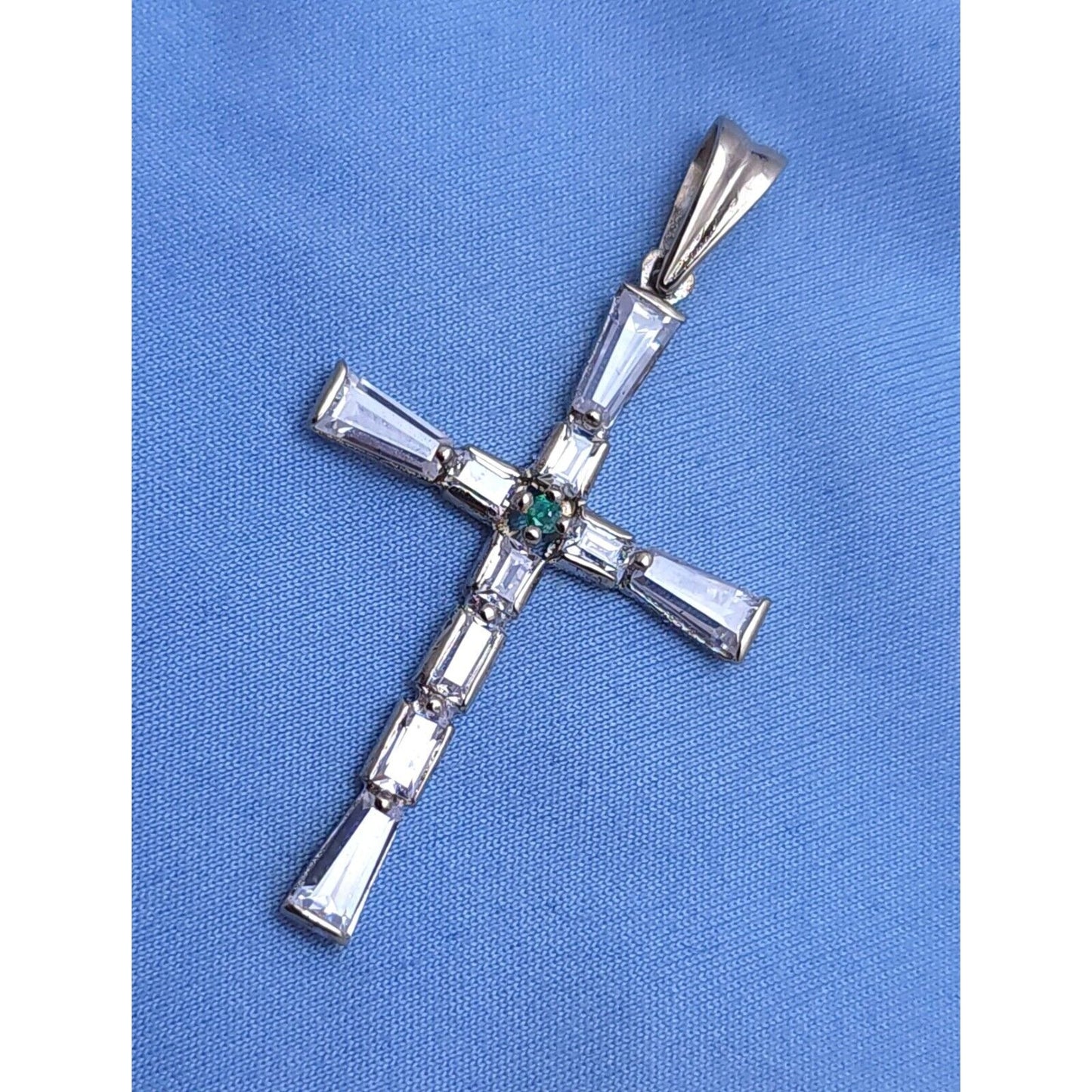 14K White Gold Religious Emerald & CZ Cross Pendant