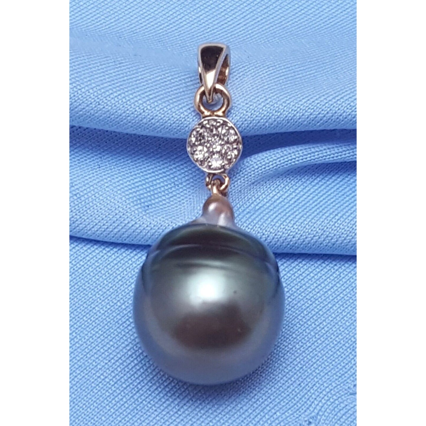 14K Solid Yellow Gold Drop Dangle Tahitian Pearl & Diamond Charm Pendant