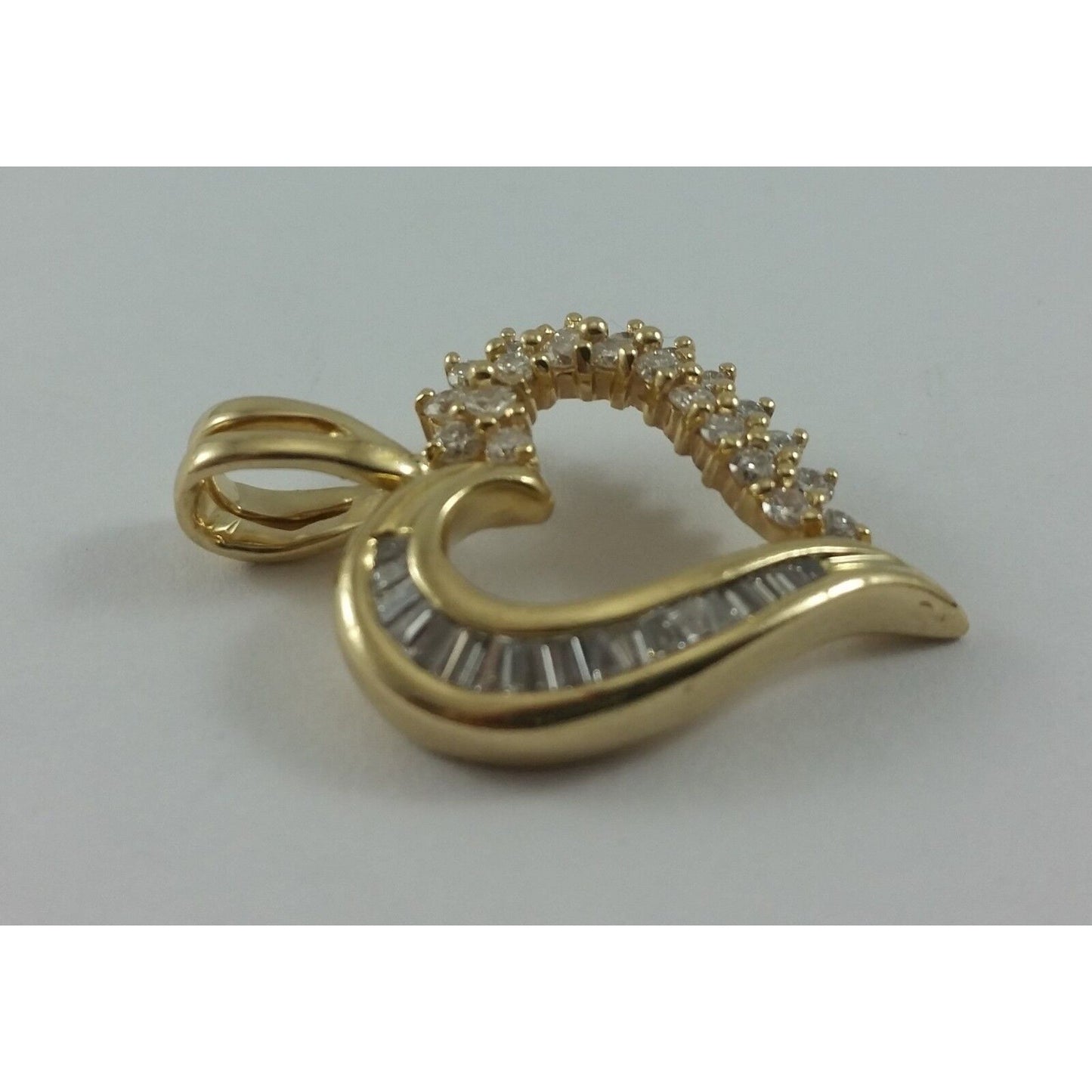 14K Solid Yellow Gold Open Heart Round & Baguette Diamond Charm Pendant