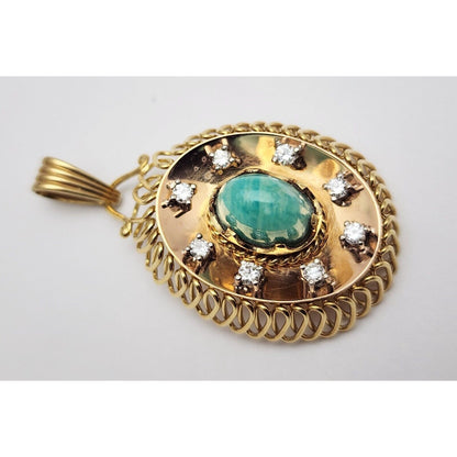 18K Solid Yellow Gold Diamond & Green Cabochon Gemstone Charm Pendant