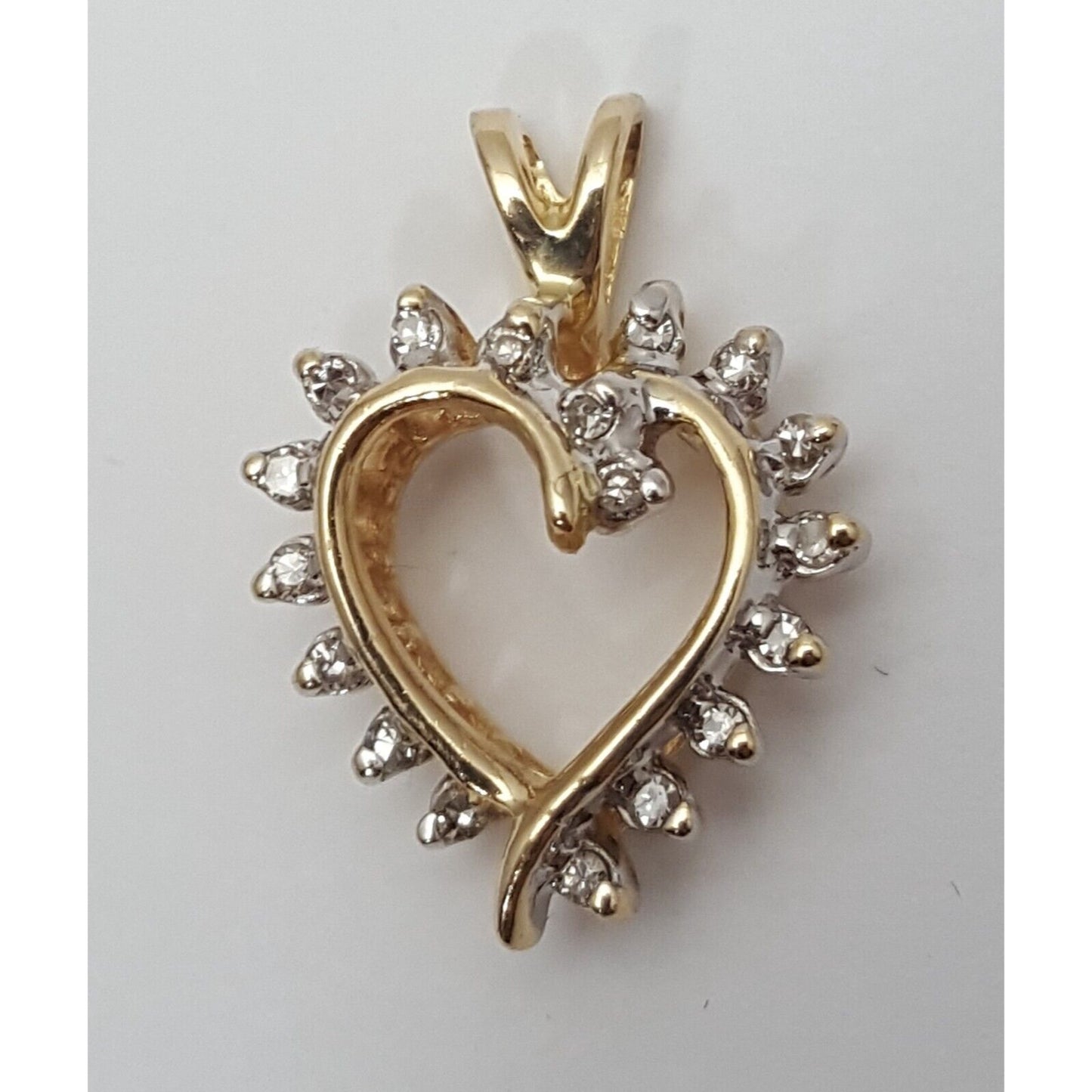 14K Solid Yellow Gold Diamond Open Heart Charm Pendant