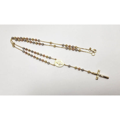 14K Tri Tone Gold Bead Ball Rosary Cross Link Chain Necklace